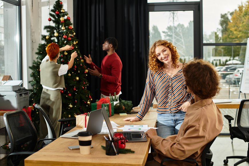 A Group of Young People Decorating for a Green Christmas Party
